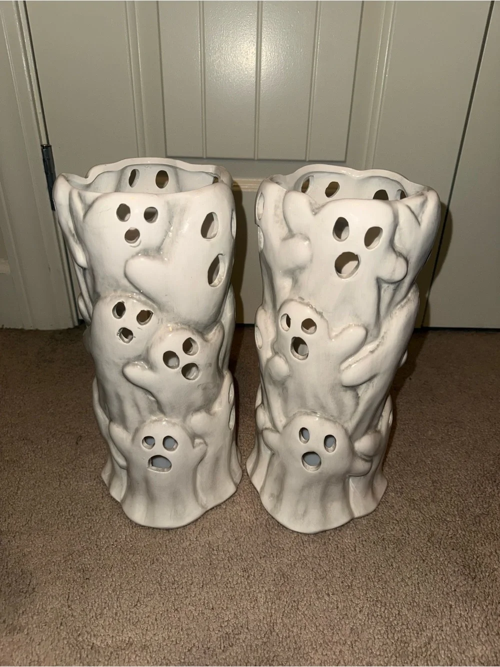 White Ceramic Ghost Lantern Pair -led candles for glowing effects